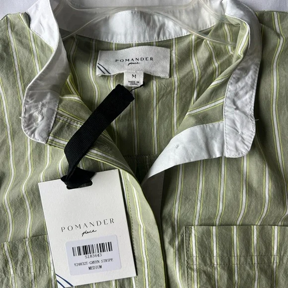 Pomander Place Sage Green and White Striped Shirt Dress - Picture 4 of 4